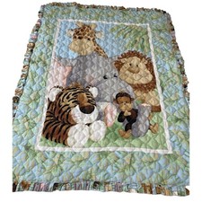 Vtg Jungle Animals Quilt Baby Ruffle Trim Reversible Giraffe Lion Monkey Blanket