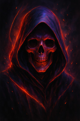 Neon Reaper Skull Dark Fantasy Hooded Figure Poster Print Framed Canvas Wall Art