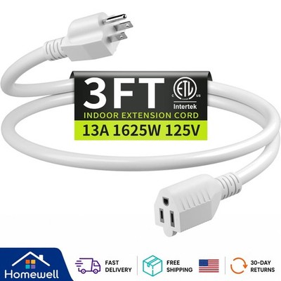 Compact 3FT White Extension Cord - Reliable 16/3 Power for Everyday Needs