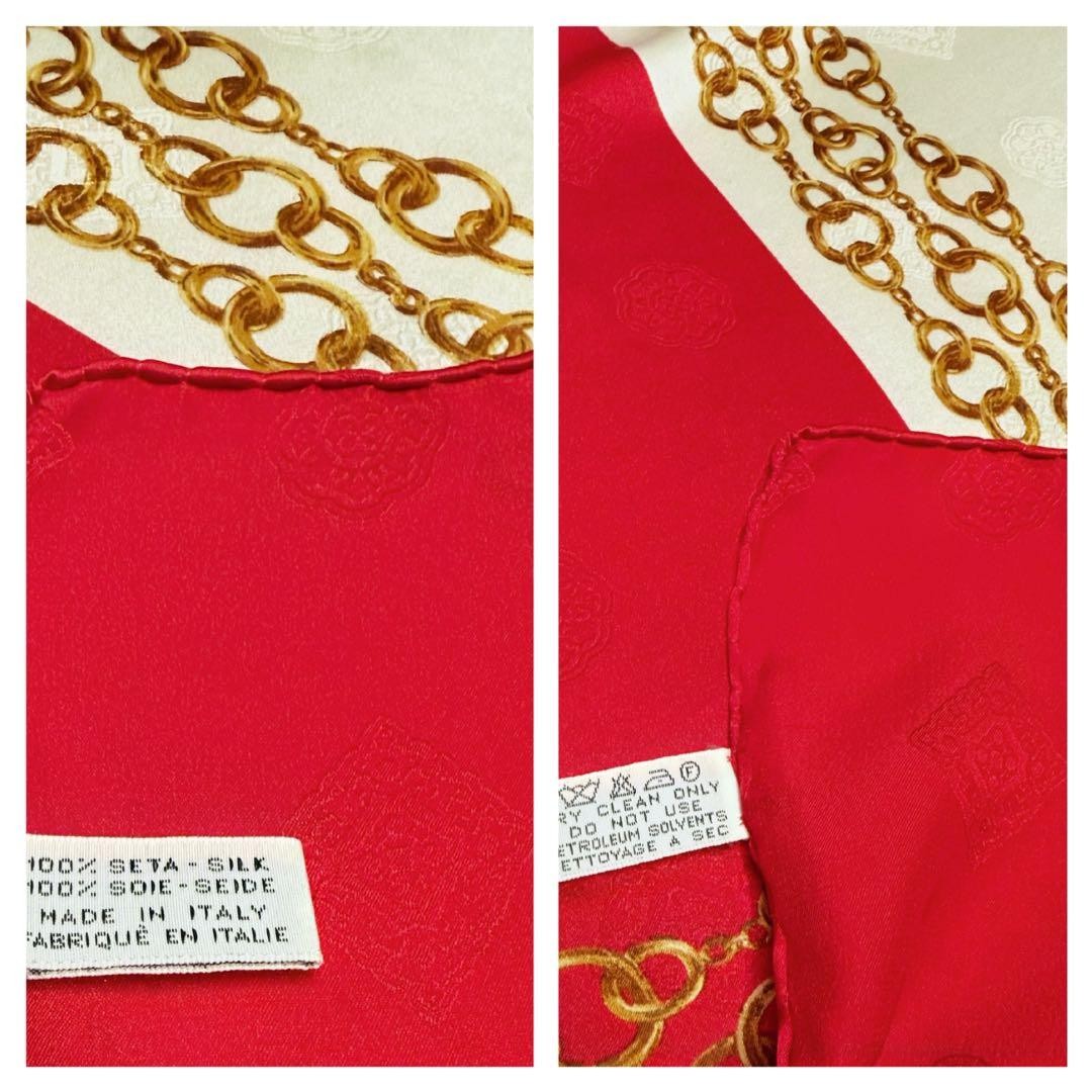 CHANEL 赤 ゴールドチェーン スカーフ CHANEL Chain pattern Scarf White Red Gold about 35.43 x 34.25