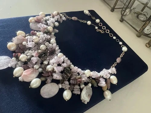 🔴 DEA GIOIELLI collana ARGENTO placcata oro tempesta di QUARZO ROSA perle - Immagine 4 di 4