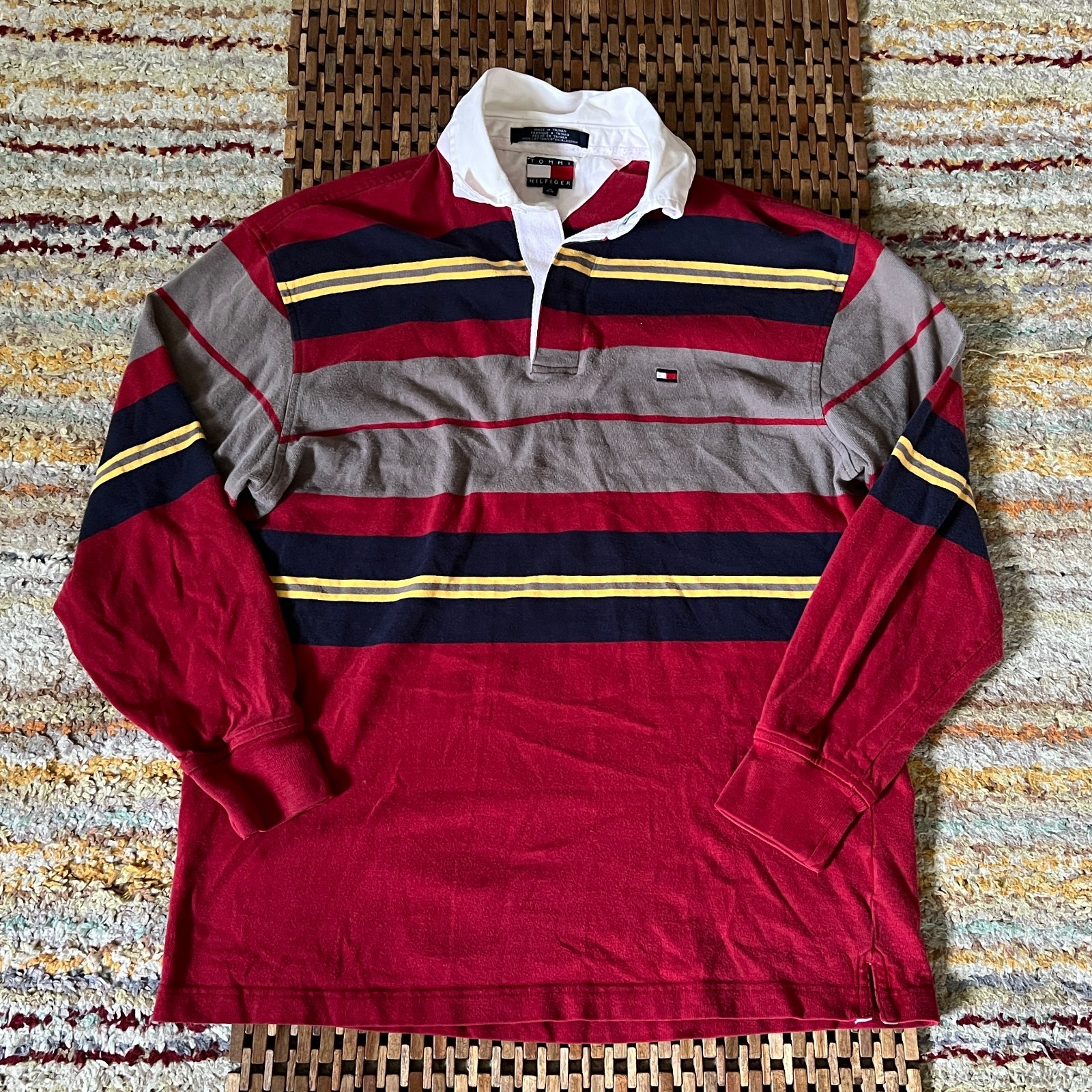 Vintage Tommy Hilfiger Red Striped Rugby Long Sleeve Shirt Men's Medium VTG