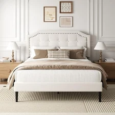 Size Bed Frame Size Platform Bed Frame with Upholstered Button Queen Beige