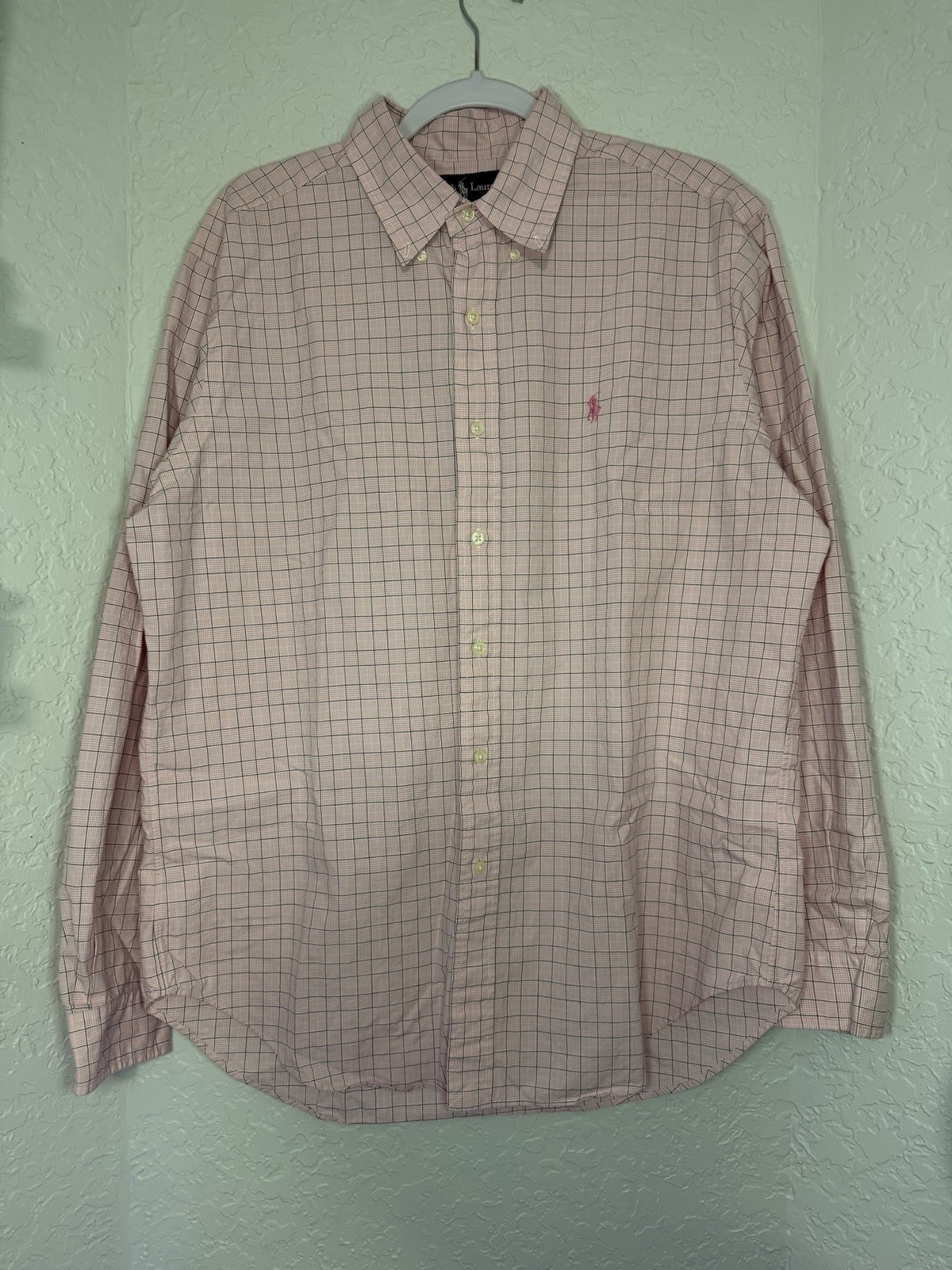 Vintage Polo Ralph Lauren Shirt Mens L Casual Pink Check Striped 100% Cotton