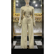 Women  s Beige Satin 2pc Set Button Collared Blouse Belted Wide-Leg Pants OS