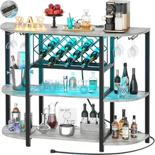 4-Tier Metal Coffee Bar Cabinet with Outlet and LED Light, Freestanding Floor...