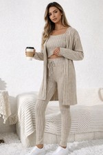 Women  s Medium 3-Piece Lounge Set Rib Knit Cardigan Crop Top Pants, Sand NWOT