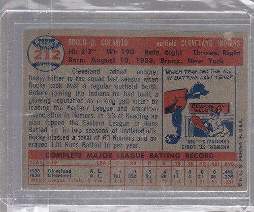 1956 Topps Baseball card, Rocky Colavito #212 RC - Picture 2 of 2
