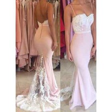 Pink Applique Prom Gown Spaghetti Straps Floor Length Mermaid Evening Dresses