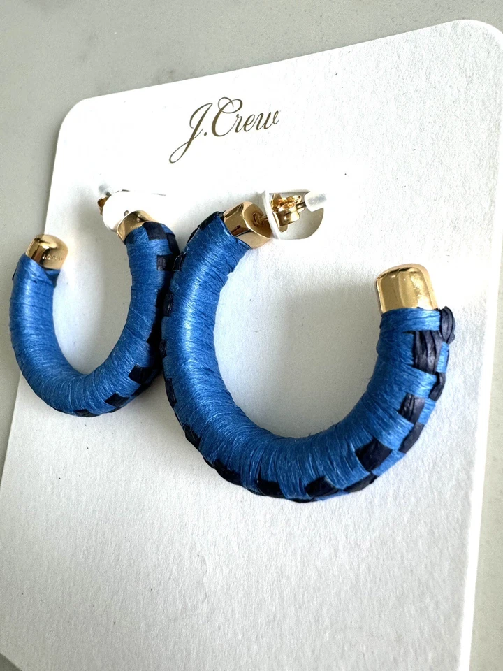 J CREW NUEVO CON ETIQUETAS Azul/Negro Rafia Aro Ligero Hipoalergénico Pendientes  Foto 4 de 4