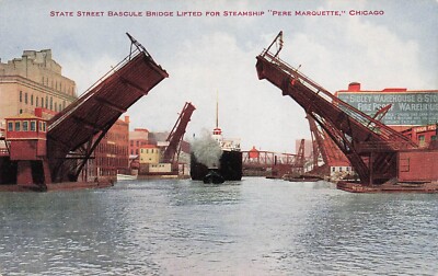 Chicago State Street Bascule Bridge Steamship SS Pere Marquette Vtg Postcard D60