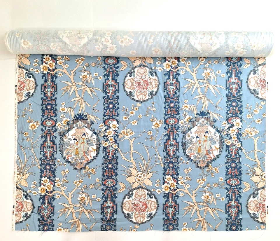 VTG Cohama Upholstery Fabric Blue Porcelain Garden Chintz Asian Chinoiserie BTY - Image 3 of 4