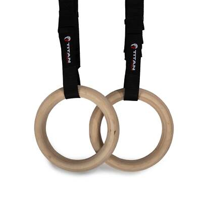 #ad Titan Fitness 28mm Gymnastics Rings Non Slip Wooden Rings 16 FT Nylon Straps $49.99