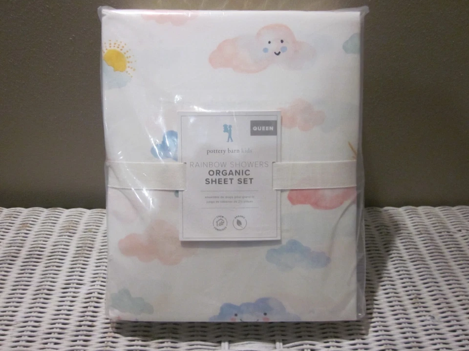 Pottery Barn Kid Rainbow Shower Cloud &Qn Sheet Embroidered Smiling Cloud Pillow - Image 4 of 4