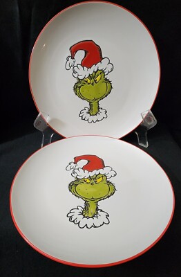 2 NEW Dr. Seuss How The Grinch Stole Christmas 10.5'' Round Red Rim Dinner Plates