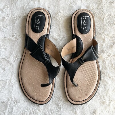BOC Born Concept Sandals Womens 7 Black Beige Leather Bow Thong Flat New *READ*