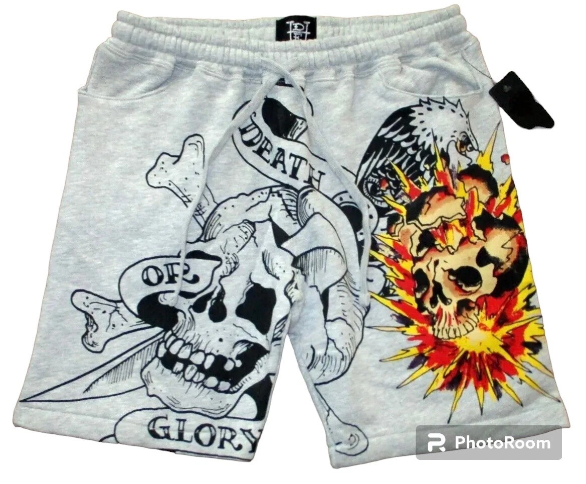Ed Hardy Men’s DEATH OR GLORY Fleece Shorts Size M Skull Eagle Explosion Medium