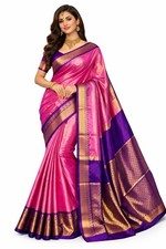 Pink Katan Silk Saree with Purple Border, Banarasi Katan Silk , Gold Zari