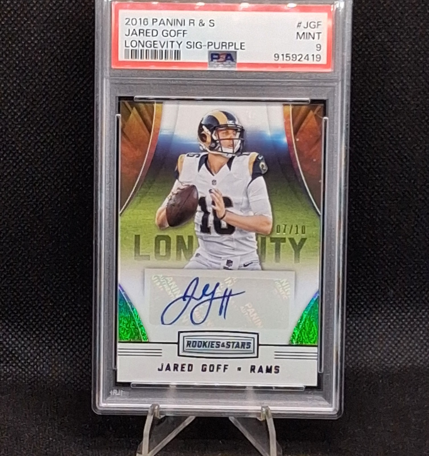 Jared Goff Panini Rookies & Stars Longevity Signatures #JGF Purple