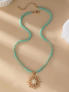 Authentic Pretty Turquoise Beaded Gold Plated Thorn Sun Pendant Necklace Choker