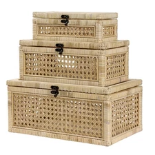Rattan Decorative Basket Box with Glass Lids, Set of 3 Boho Rectangular Displ...