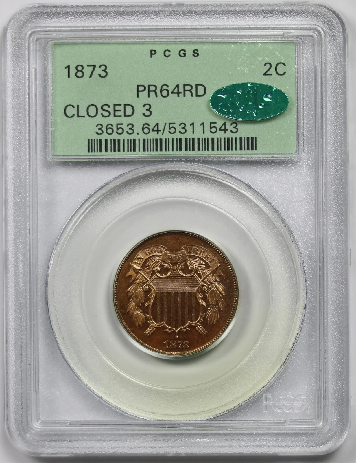 1873 Closed 3  2C PCGS/OGH  PR 64 RD  Two-Cent Piece