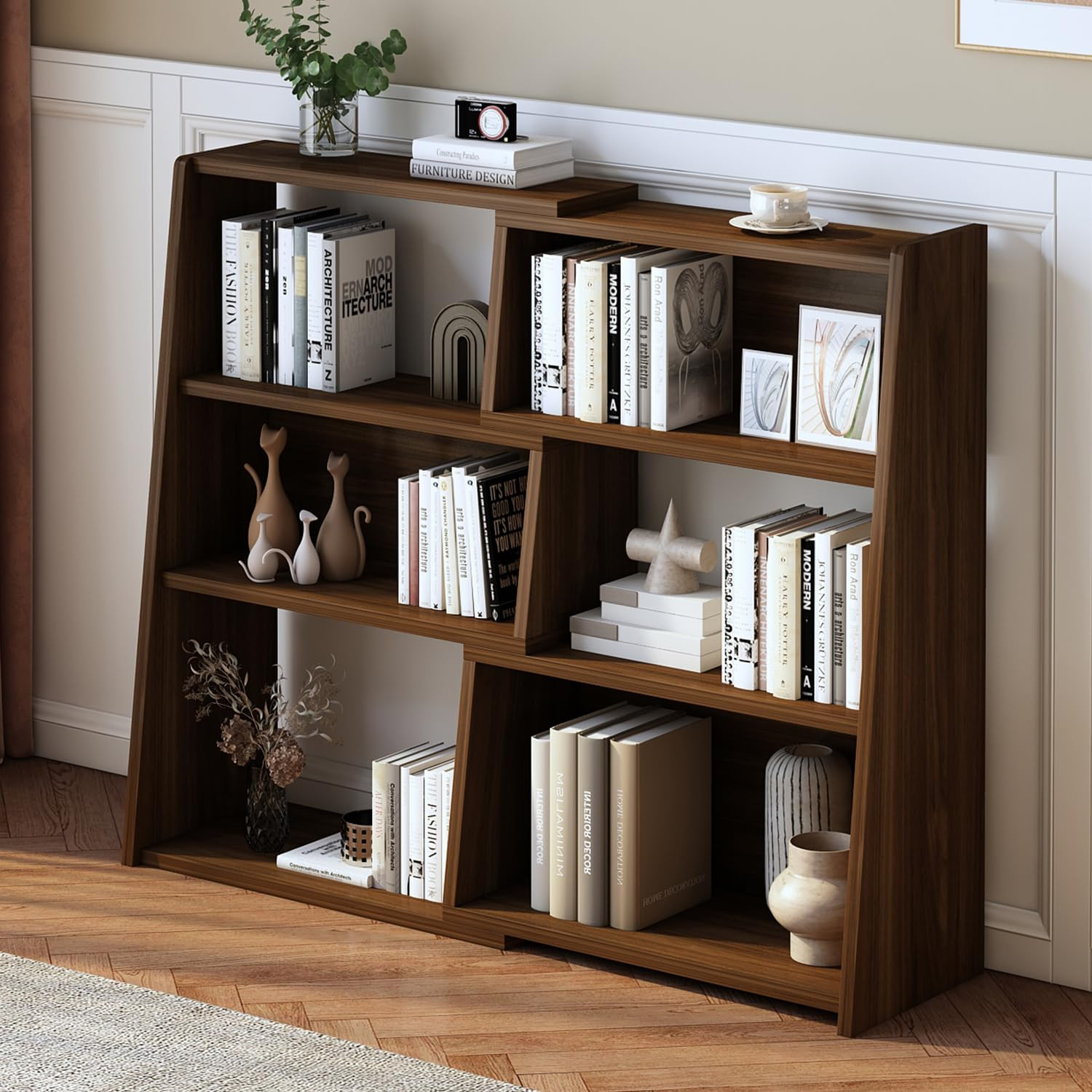 Wooden Extendable Shelf Bookcase - 3-Tier Ladder Low Short Bookshelf for Smal...