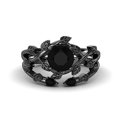 Black Onyx Silver Leaf Ring with White CZ | Gothic Branch Engagement Jewelry