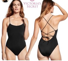 Victoria  s Secret Black Scoop One Piece Swimsuit Lace Up Back Size Medium NWT