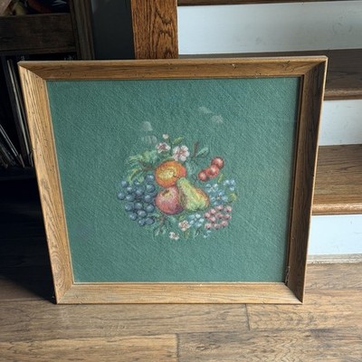 Vintage Needlepoint Framed Fruit 70s completed wall art BOHO Hippie