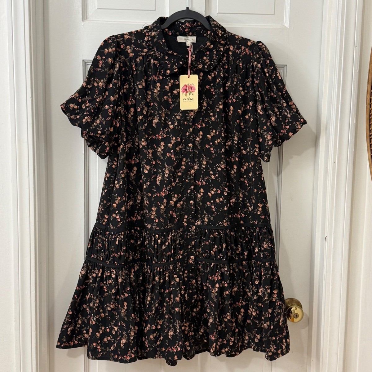 knee length dresses for ladies Entro Black Embroidered Floral Bow Strap Mini Dress