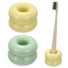 2Pcs Mini Ceramics Toothbrush Holder Stands Green Yellow