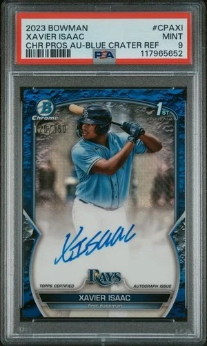 Xavier Isaac 2023 Bowman Chrome 1st Bowman Aqua Blue Crater Auto 120/150 PSA 9