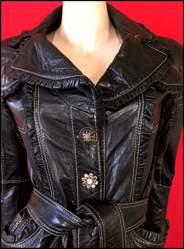 Dress in DESIGNER ROUGE Genuine SOFT LEATHER Trench BLACK Belted COAT size XS - Image 4 of 4