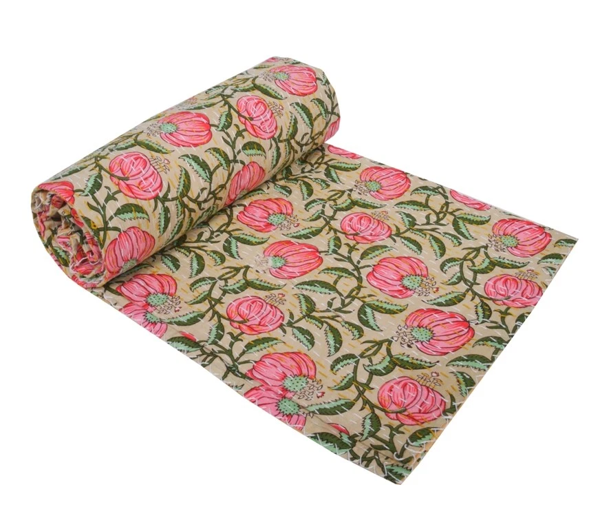 Colcha Kantha de algodón indio hecha a mano manta tamaño doble/grande amarilla Foto 4 de 4