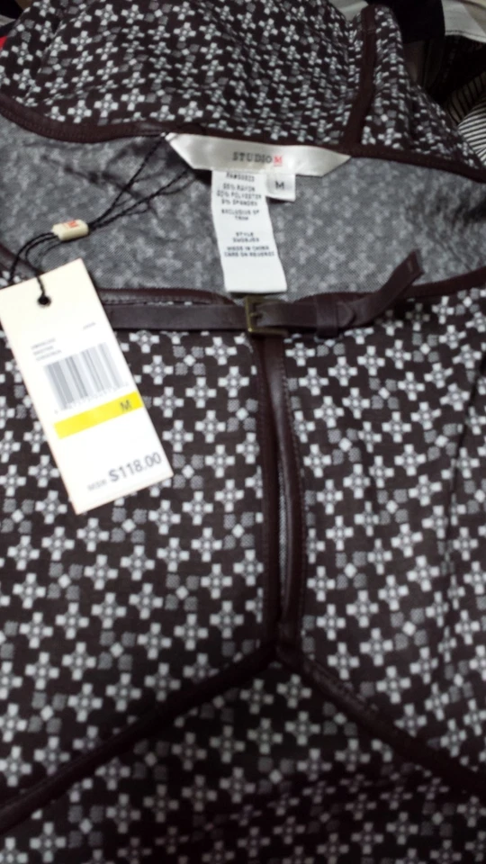 $118 Vestido Studio M Marrón Marfil Manga 3/4 Imitación Cuero Borde Cerradura ~ M M3020  Foto 3 de 4