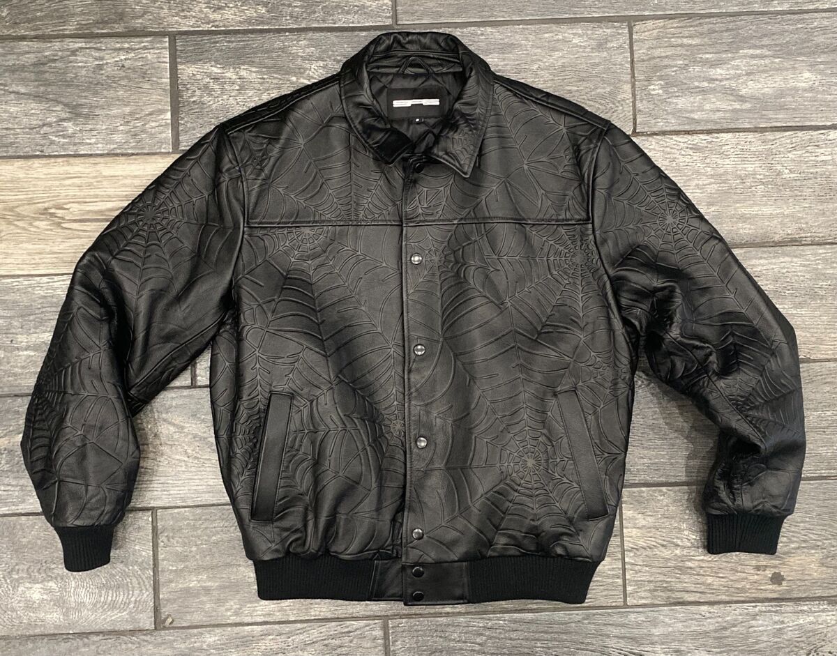 SP5DER WORLDWIDE WEB LEATHER JACKET IN BLACK SP5DER WORLDWIDE WEB LEATHER JACKET IN BLACK