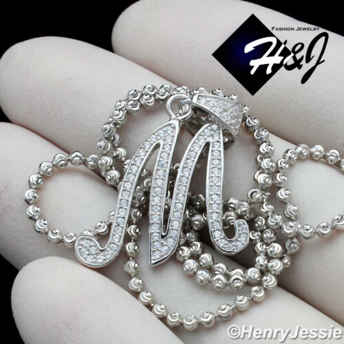 925 STERLING SILVER 18-30"X2MM MOON CUT BEADED CHAIN CZ LETTER "M" PENDANT*P175 - Picture 1 of 9
