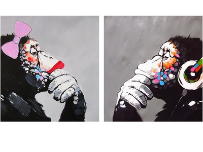 Framed dj monkey & girl canvas street pop art print paintings 2x Australia