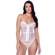 Strapless Lace Bustier Underwire Cups Steel Busk Front Opening White LI556
