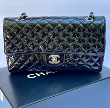 Chanel Classic Patent Leather Quilted Secret Label Medium Flap Black
