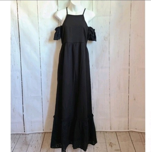 Robe maxi licou noir Sugarlips cottagecore neuve boutique épaule froide oeillet - Photo 1/6