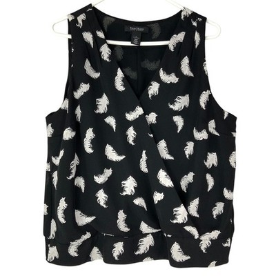 White House Black Market Black Feather Blouse L Pullover V-Neck Sleeveless Wrap