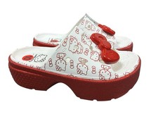 New Crocs x Hello Kitty Stomp Slides 10 Women White Red Metallic Soles Platforms