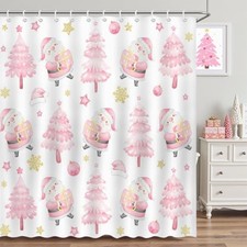 Pink Christmas Santa Claus Shower Curtain Cute Pink Xmas Tree Santa Claus