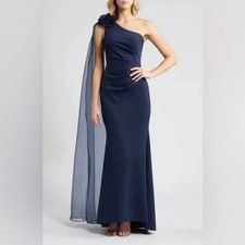 Eliza J Navy Blue One Shoulder Jersey Gown with Scarf Detail Size 14 $198