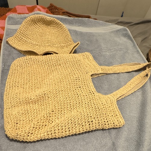 Handmade Handcrafted Beige Crochet Hat and Tote Bag Accessory Set