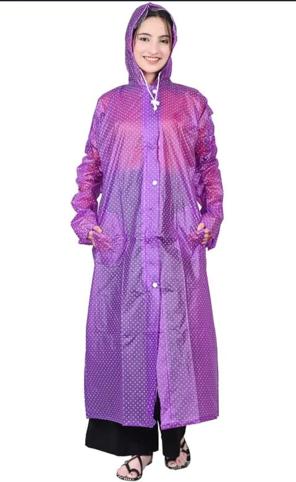 Women Polka Dot Purple Raincoat Hooded Waterproof Jacket L Size Lightweight 2pcs - Image 4 of 4