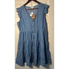 Blu Pepper L Denim Chambray Tiered Ruffle Sleeve V Neck Button Front Dress NWT