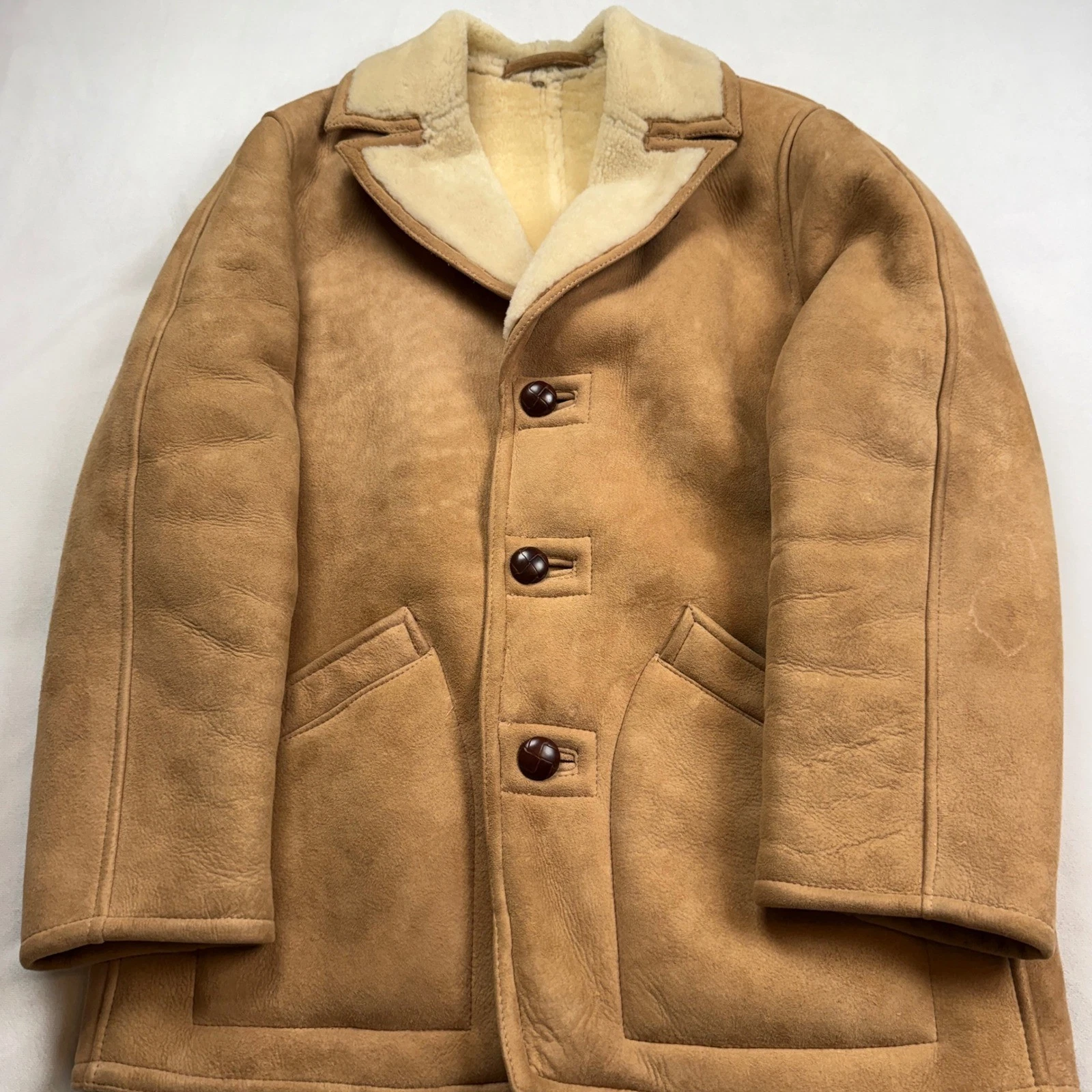 Vintage 70s Norm Thompson Mens 40 Shearling Sheepskin Coat Tan Suede Jacket - product detail image 7